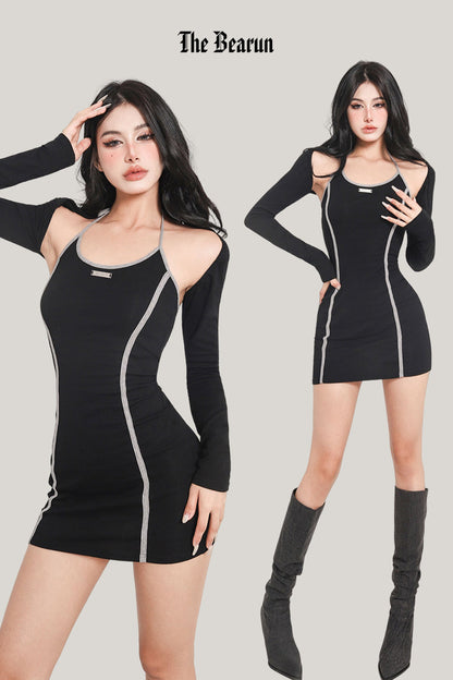 Zllkl Gaia Solid Color Strip Detachable Sleeves Slim Casual Mini Dress