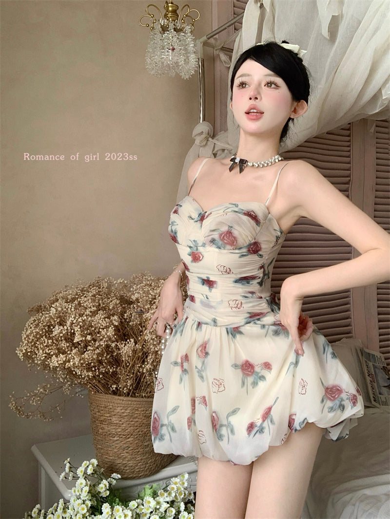 Zllkl Marinette White French Oil Painting Floral Slip V-Neck Mini Dress