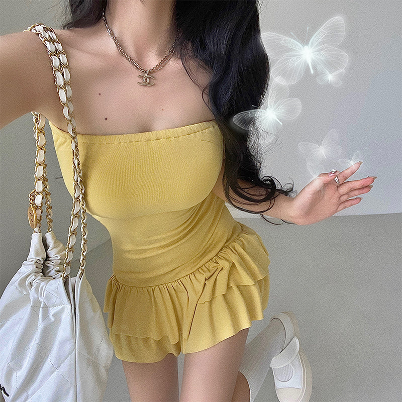 Zllkl Naya Solid Color Slim Folds Bandeau Double Ruffled Layer Mini Dress