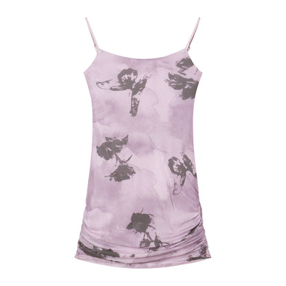 Zllkl Lariel Purple Tie-Dye Butterfly Print Slip Mesh Slim Spaghetti Strap Mini Dress