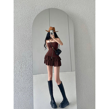 Zllkl Naya Solid Color Slim Folds Bandeau Double Ruffled Layer Mini Dress