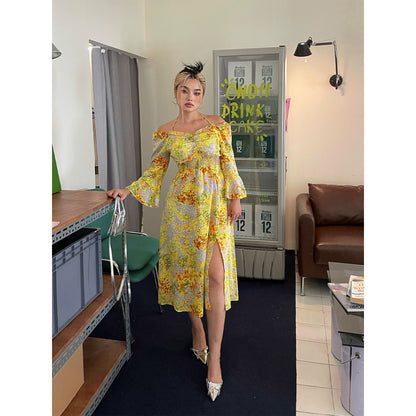 Zllkl Naoum Plus Size Sun Bright Yellow Floral Front Cross V-Neck Short Sleeve Side Slit Long Dress