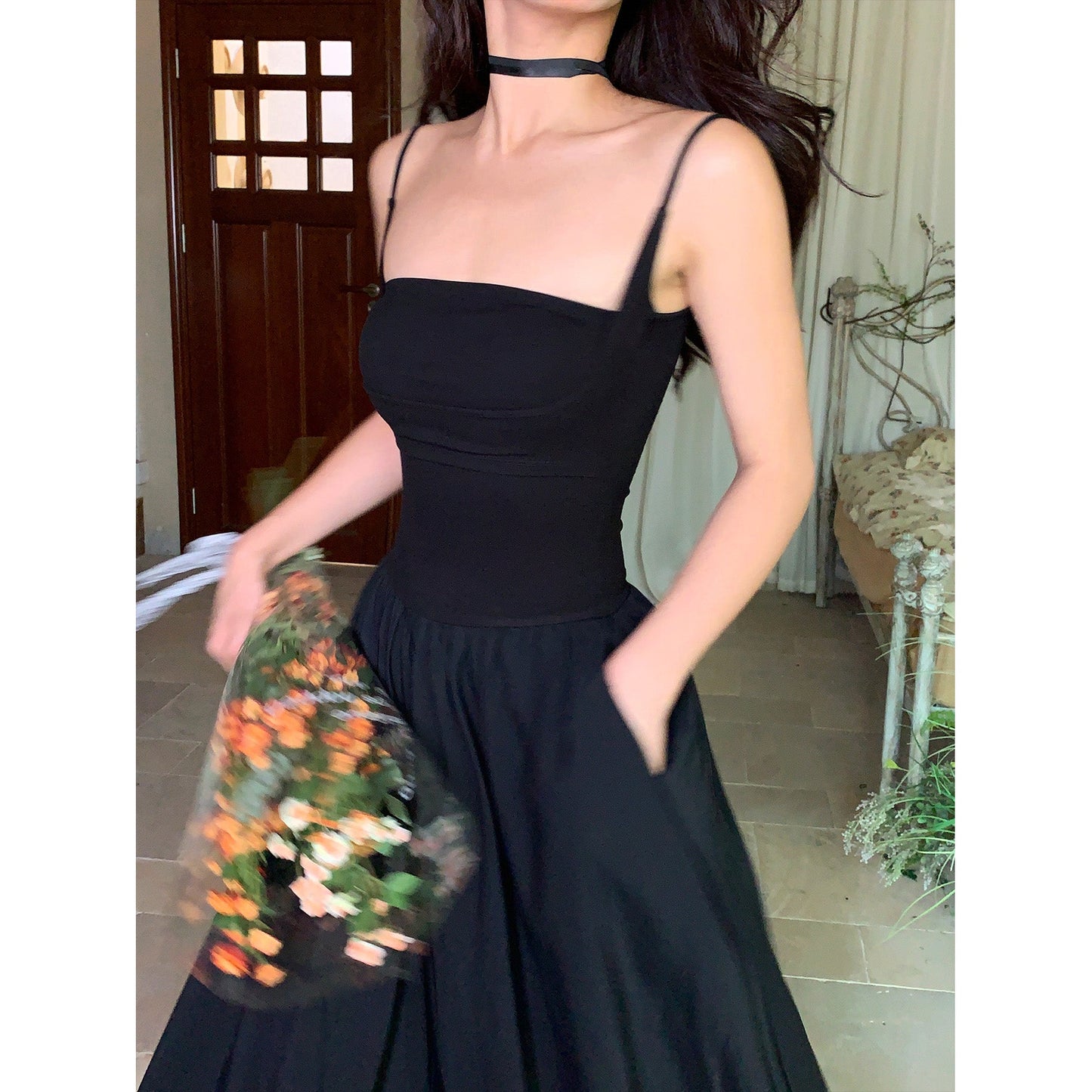 Zllkl Jaidee Solid Color Black Two Piece Spaghetti Strap Bandeau Sleeveless Slim A-Line Long Flowing Midi Dress