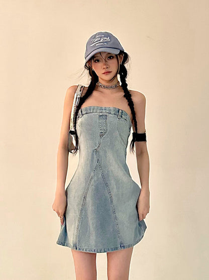 Zllkl Oriel Denim Blue Washed Vintage Sleeveless Bandeau Mini Dress