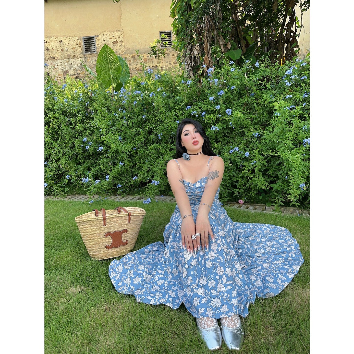 Zllkl Naya Floral Blue Plus Size French Slip A-Line Long Maxi Dress + Long Sleeve Cardigan Set