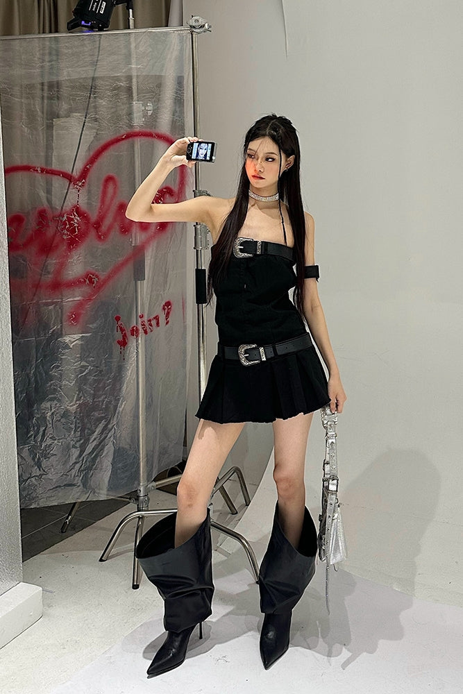Zllkl Camile Solid Color Denim Black Sleeveless Bandeau Pleated Mini Dress