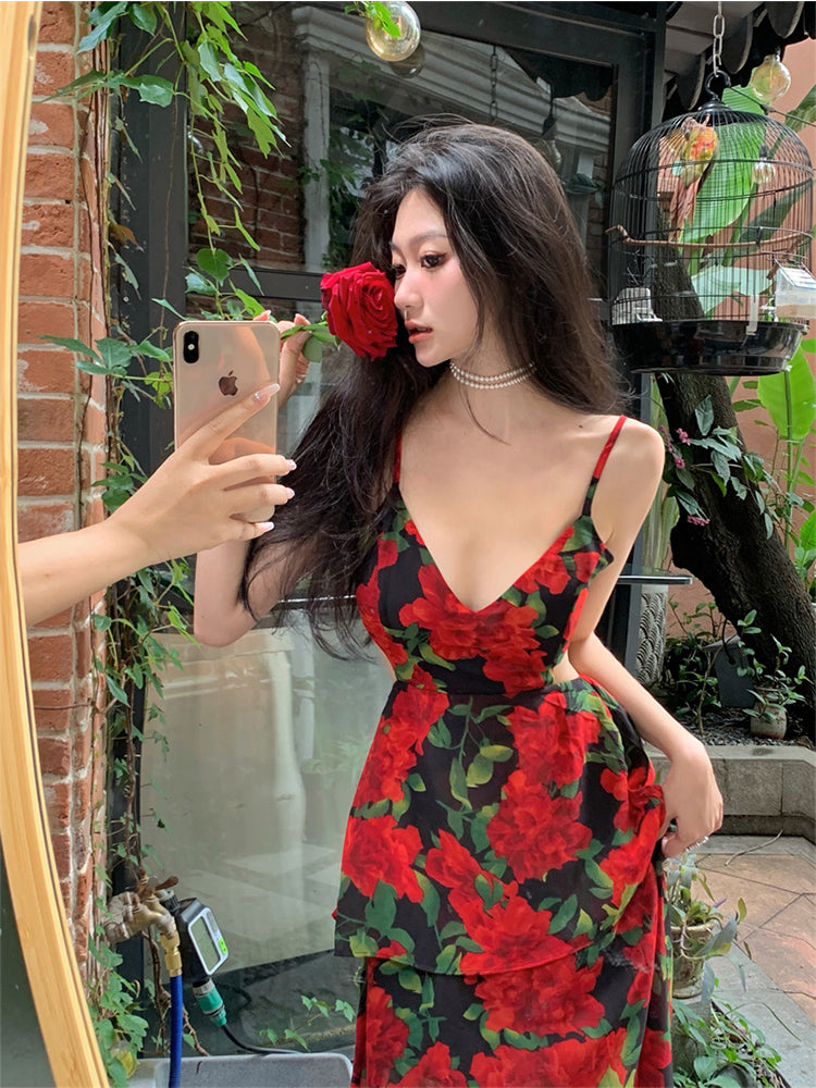 Zllkl Roses are Rosie Red Floral Vintage Spaghetti Strap V-Neck Long Vacation Summer Maxi Dress