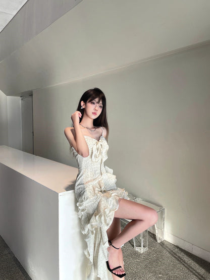Zllkl Paula Floral V-Neck Spaghetti Strap Irregular Cut Out Ruffle Short Front Long Back Dress