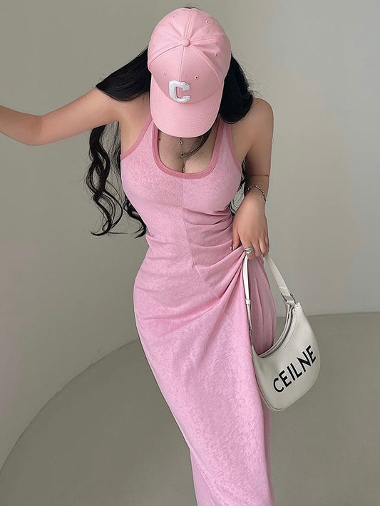 Zllkl Nia Solid Color U-Neck Cinched Waist Wide Strap Halter Slim Long Midi Dress