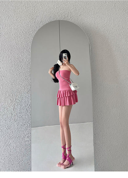 Zllkl Naya Solid Color Slim Folds Bandeau Double Ruffled Layer Mini Dress