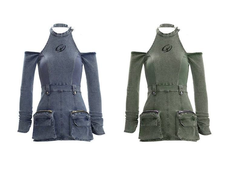 Zllkl Malinda Denim Blue Letter Embroidery Stitch Knit Pocket Halter Neck Long Sleeve Cut Out Multi-Pocket Cargo Slim Mini Dress