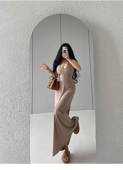 Zllkl Nia Solid Color U-Neck Cinched Waist Wide Strap Halter Slim Long Midi Dress