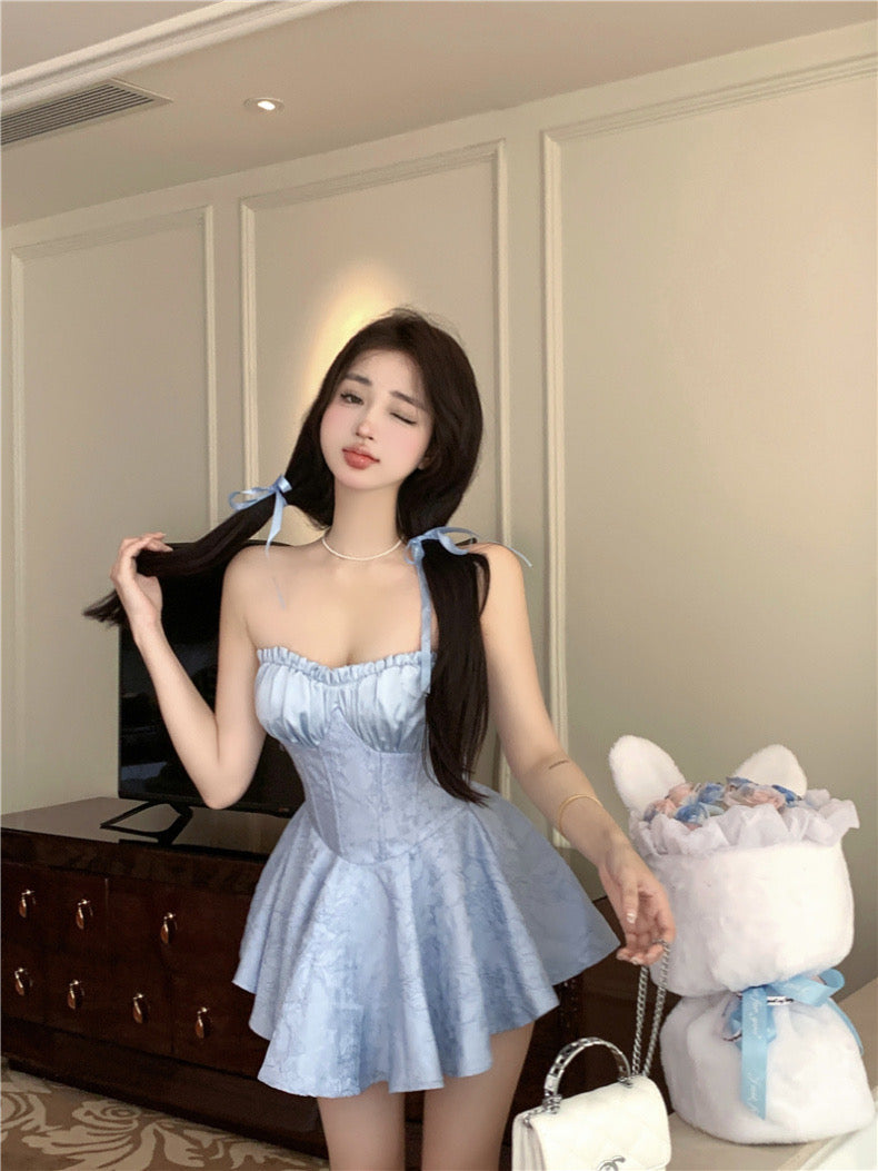 Zllkl Gabriella Solid Color Jacquard Embroidery Sleeveless Bandeau V-Neck Corset Pleated Party Prom Dress