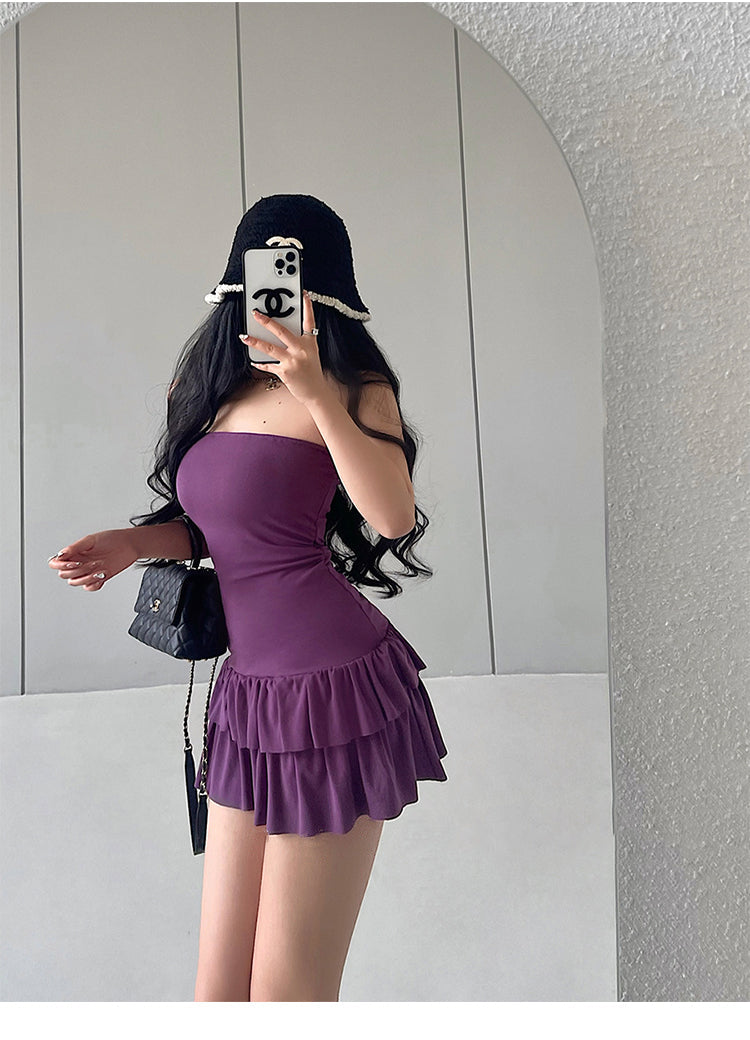 Zllkl Naya Solid Color Slim Folds Bandeau Double Ruffled Layer Mini Dress