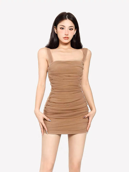 Zllkl Jianna Solid Color Square Neck Mesh Short-Sleeved Slim Mini Dress