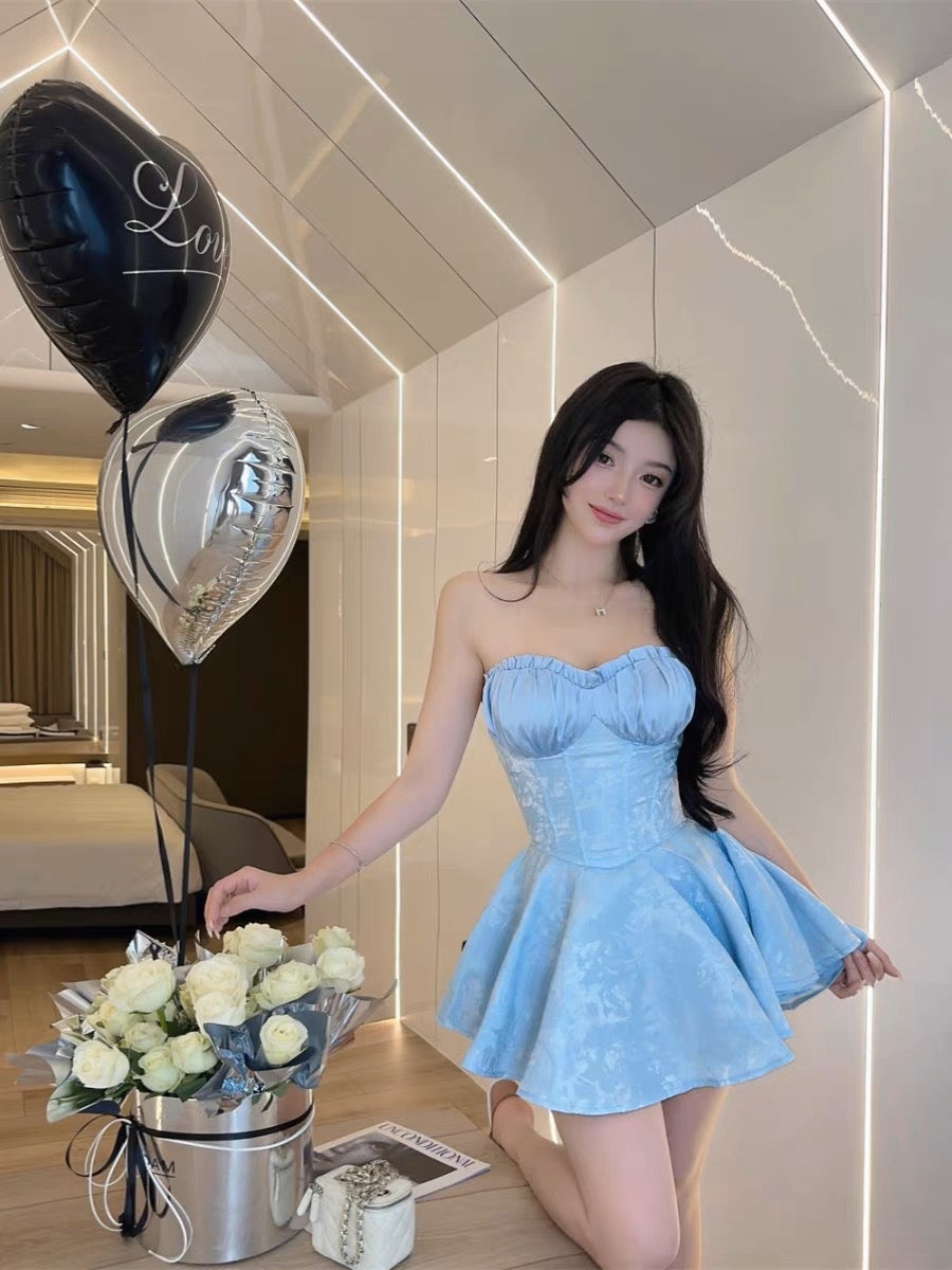 Zllkl Gabriella Solid Color Jacquard Embroidery Sleeveless Bandeau V-Neck Corset Pleated Party Prom Dress