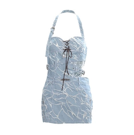 Zllkl Latatiana Metallic Denim Blue Openwork Halter Neck Slip Mini Dress