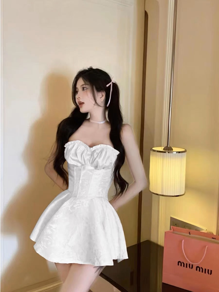 Zllkl Gabriella Solid Color Jacquard Embroidery Sleeveless Bandeau V-Neck Corset Pleated Party Prom Dress