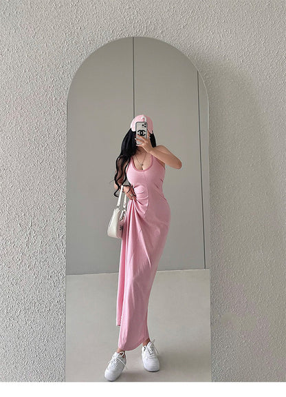 Zllkl Nia Solid Color U-Neck Cinched Waist Wide Strap Halter Slim Long Midi Dress
