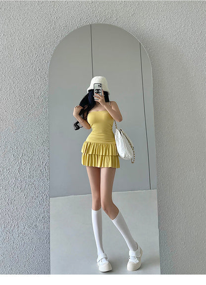 Zllkl Naya Solid Color Slim Folds Bandeau Double Ruffled Layer Mini Dress